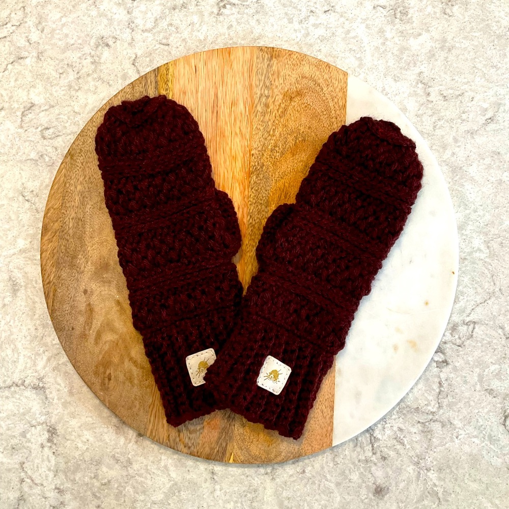 Hand Crocheted Mittens Burgundy Adult Size